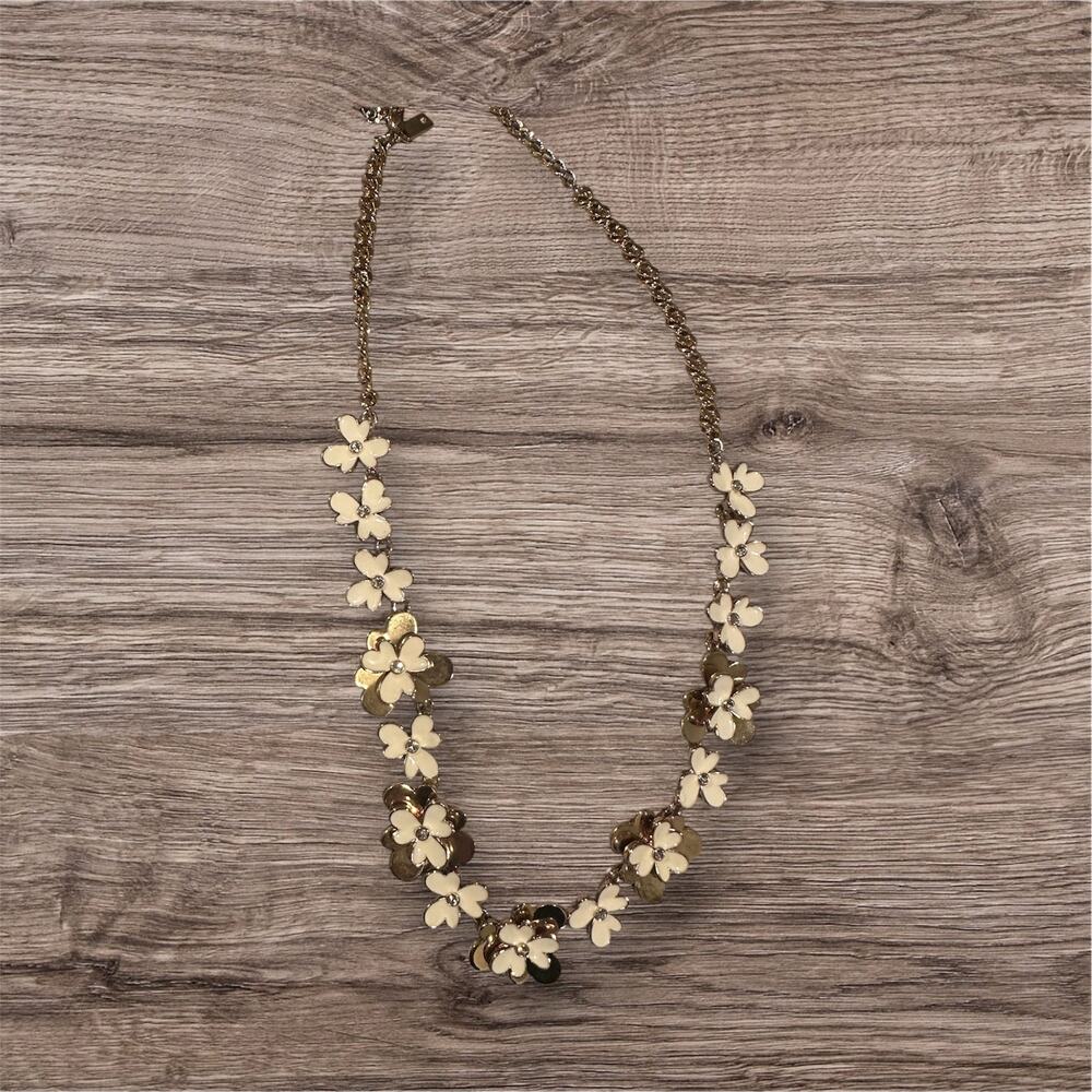 Kate Spade Pansy Blossoms Gold Tone and White Enamel Statement Necklace